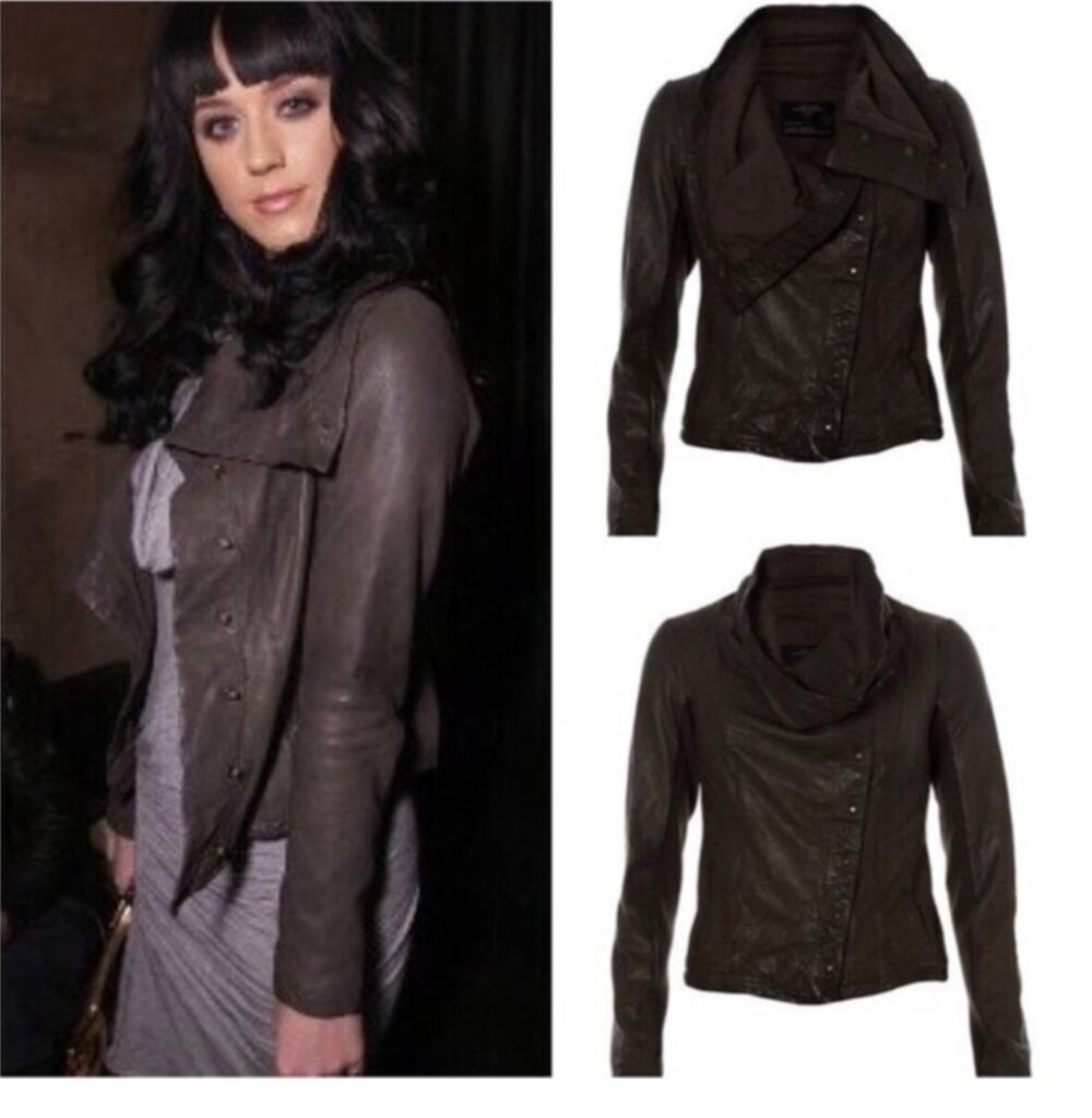 AllSaints Kaito Leather Jacket Brown Draped Biker Moto Katy Perry Size 14 Grunge